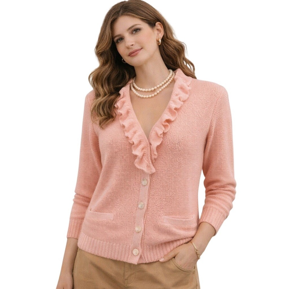 Ralph Lauren Women Sweater Cardigan Cotton Linen Pink Knit Ruffle Neckline Med